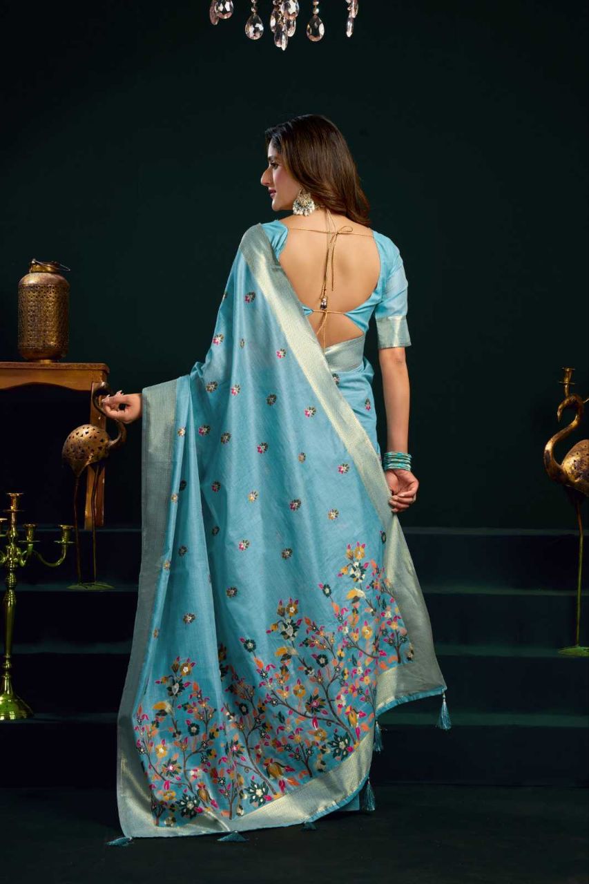 Heavy Munga Cotton Saree with Mina Work, Jari Border & Fancy Pompom Finish