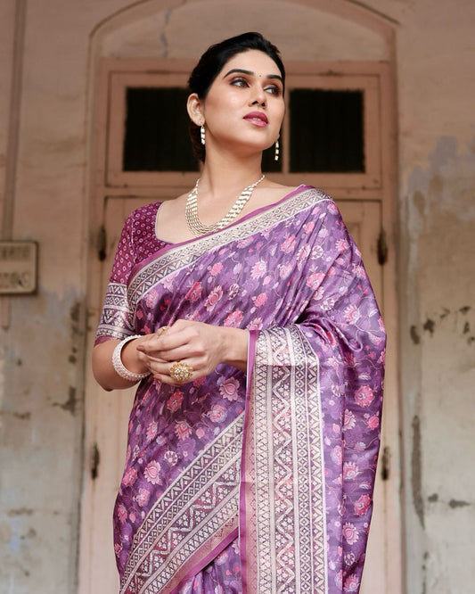 Pure Silk Saree With Digital Print and Blouse in Purple Indian Silk Saree