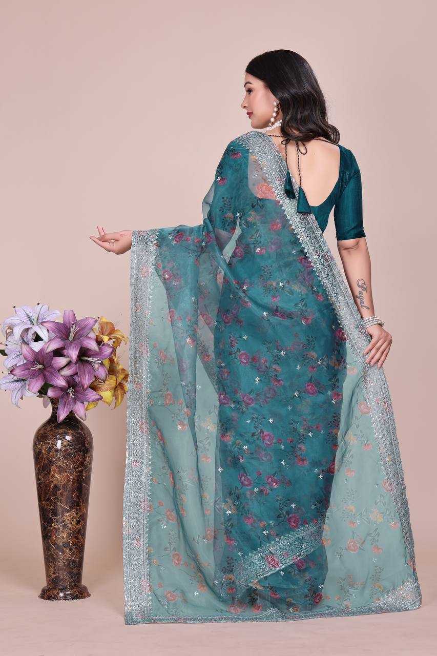 Tissue Organza Saree with Digital Floral Print & Embroidery Work