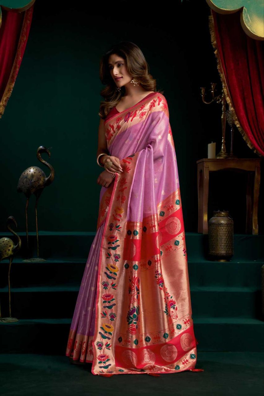 Heavy Tissue Paithani Saree with Lotus Zari Border & Stylish Pompom Detailing