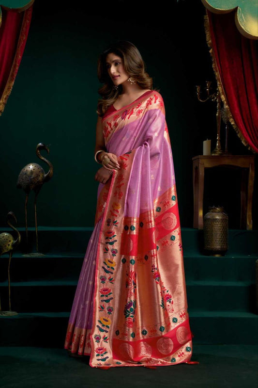 Heavy Tissue Paithani Saree with Lotus Zari Border & Stylish Pompom Detailing