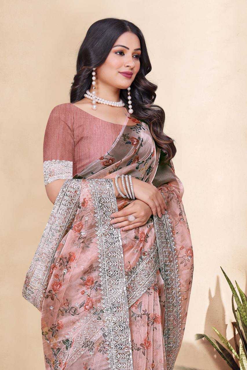 Tissue Organza Saree with Digital Floral Print & Embroidery Work