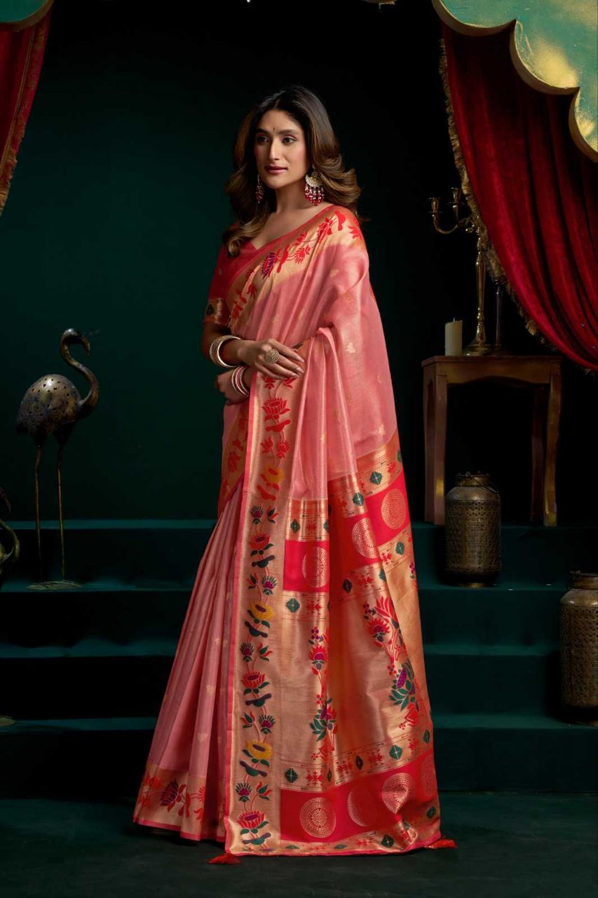 Heavy Tissue Paithani Saree with Lotus Zari Border & Stylish Pompom Detailing