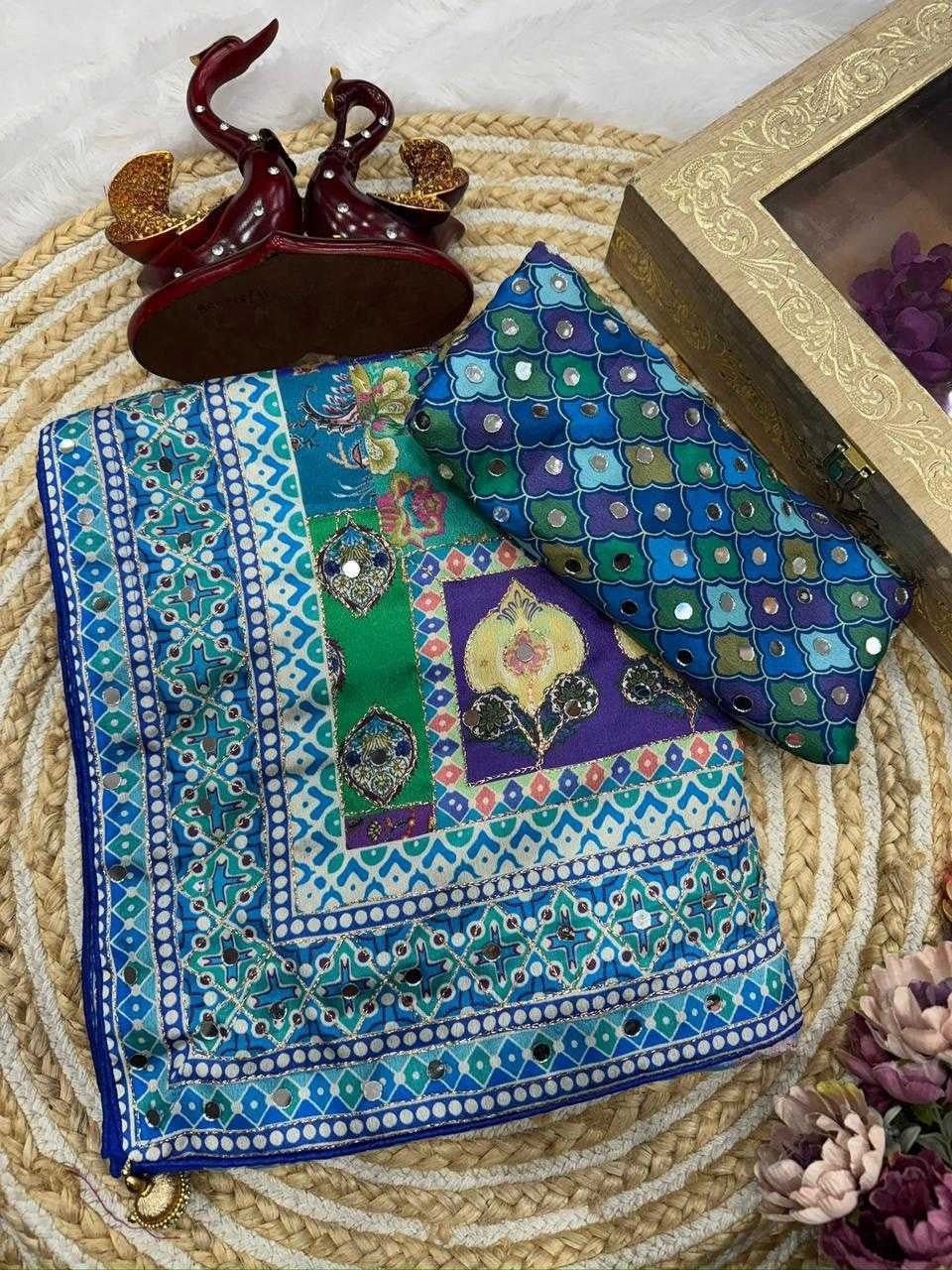 Premium Chinnon Saree with Gold Zari & Handcrafted Mirror Work