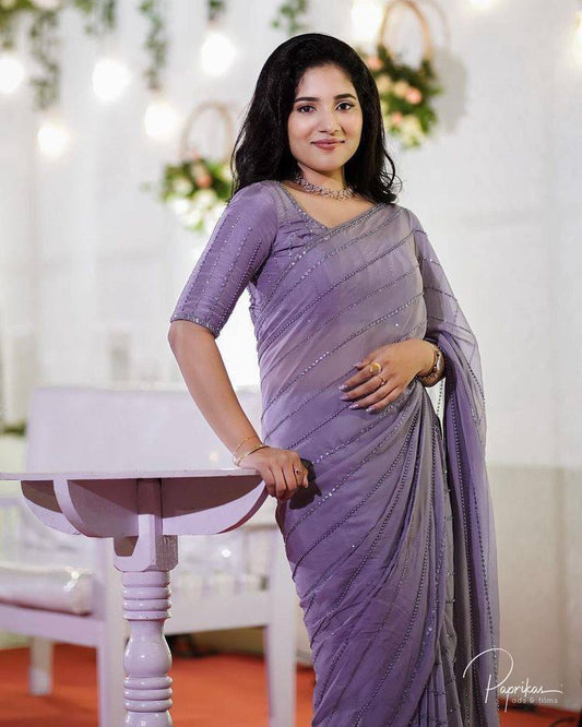 Lavender Color Beautiful Georgette Saree, Embroidery Work Saree, Party Wear saree, Wedding Wear Saree, Bold And Beautiful Saree Blouse