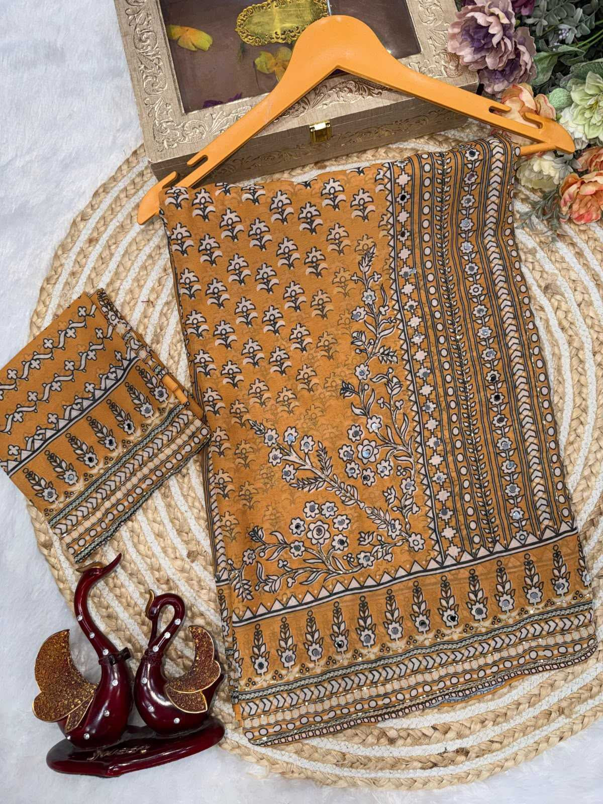 Premium Heavy Soft Georgette Saree with Digital Print, Katdana & Real Mirror Work