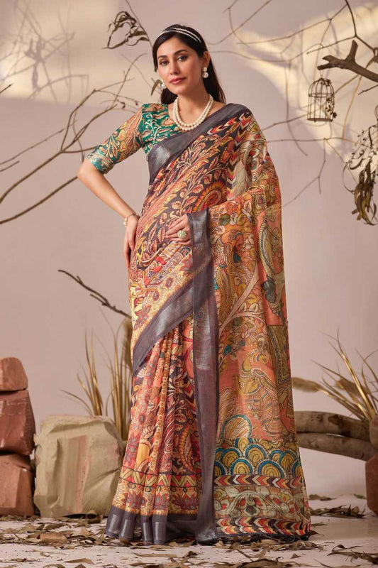 Premium Linen Cotton Saree with Digital Floral & Royal Ethnic Print and Patola Style Border