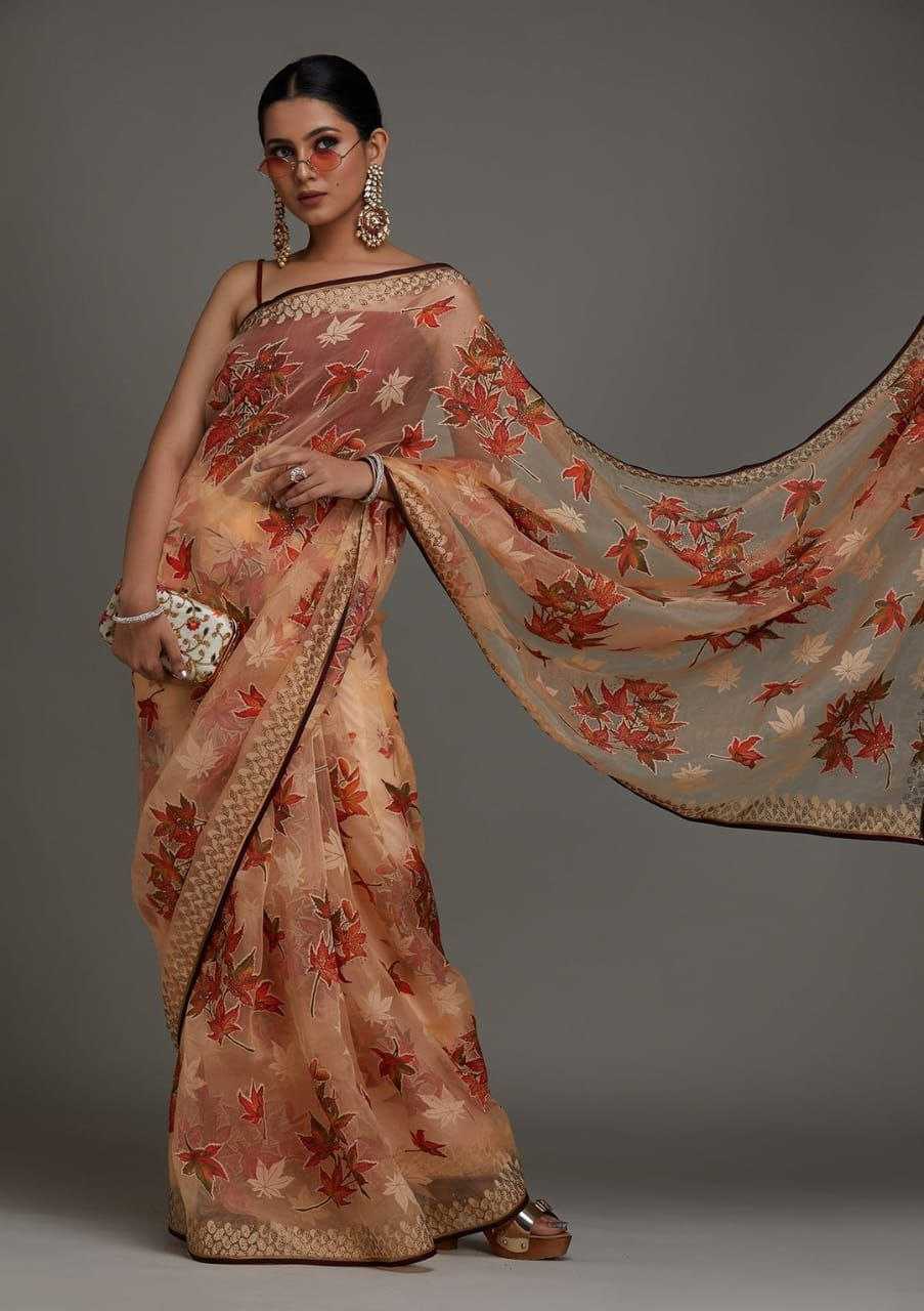 Soft Bright Organza Saree with Floral Print & Swarovski Work
