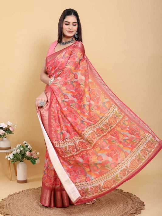 Jacquard Patta Linen Cotton Saree with Artistic Print