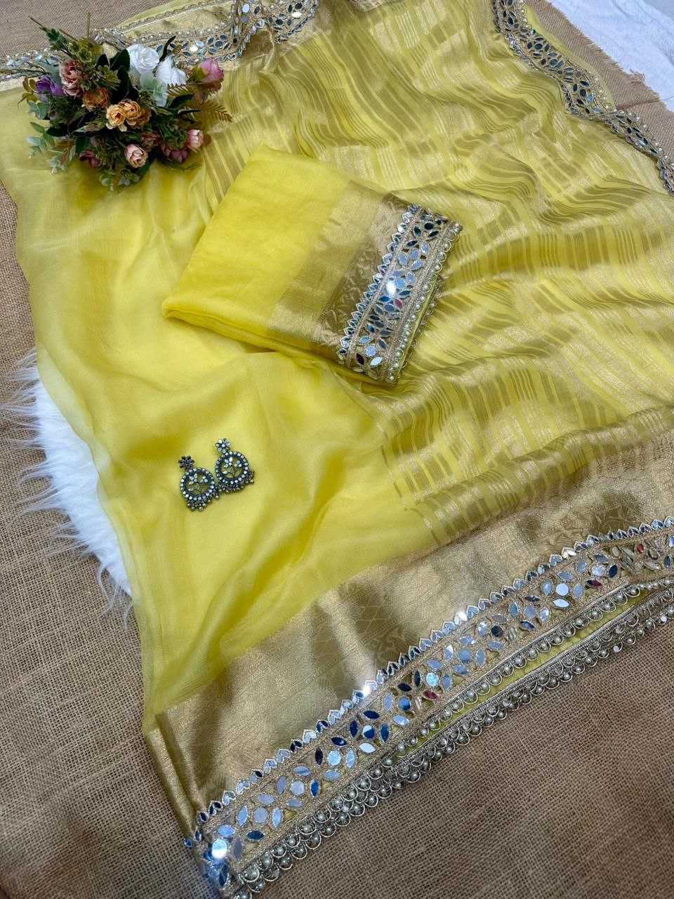 Rajkumari Mirror Soft Tussar Organza Saree with Woven Pallu and Mirror Lace Border