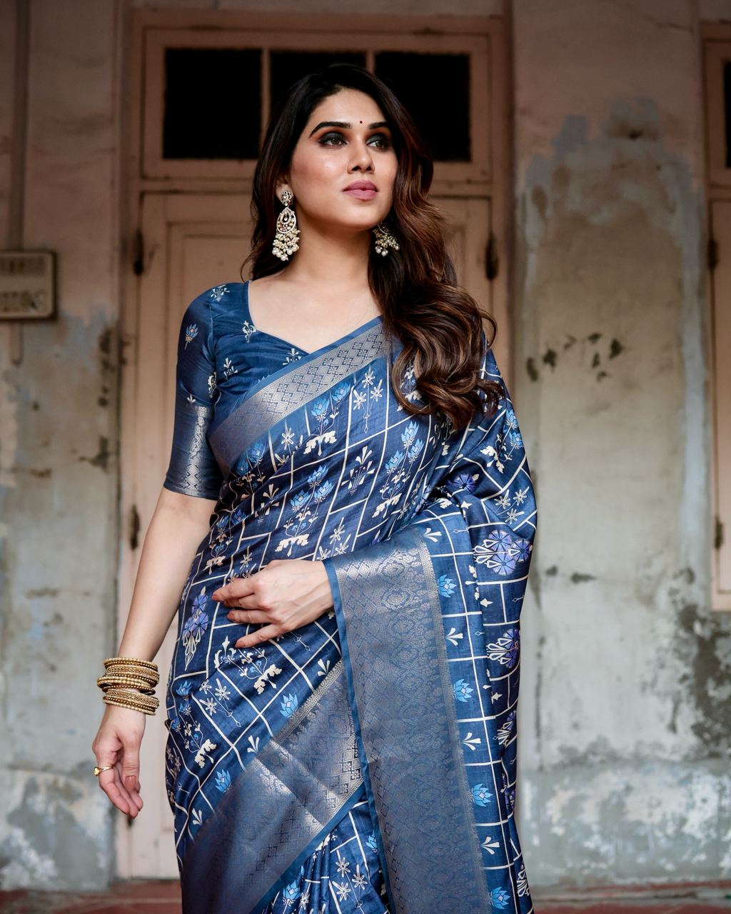 Navy Blue Color Pure Silk Digital Printed Party Wear Saree