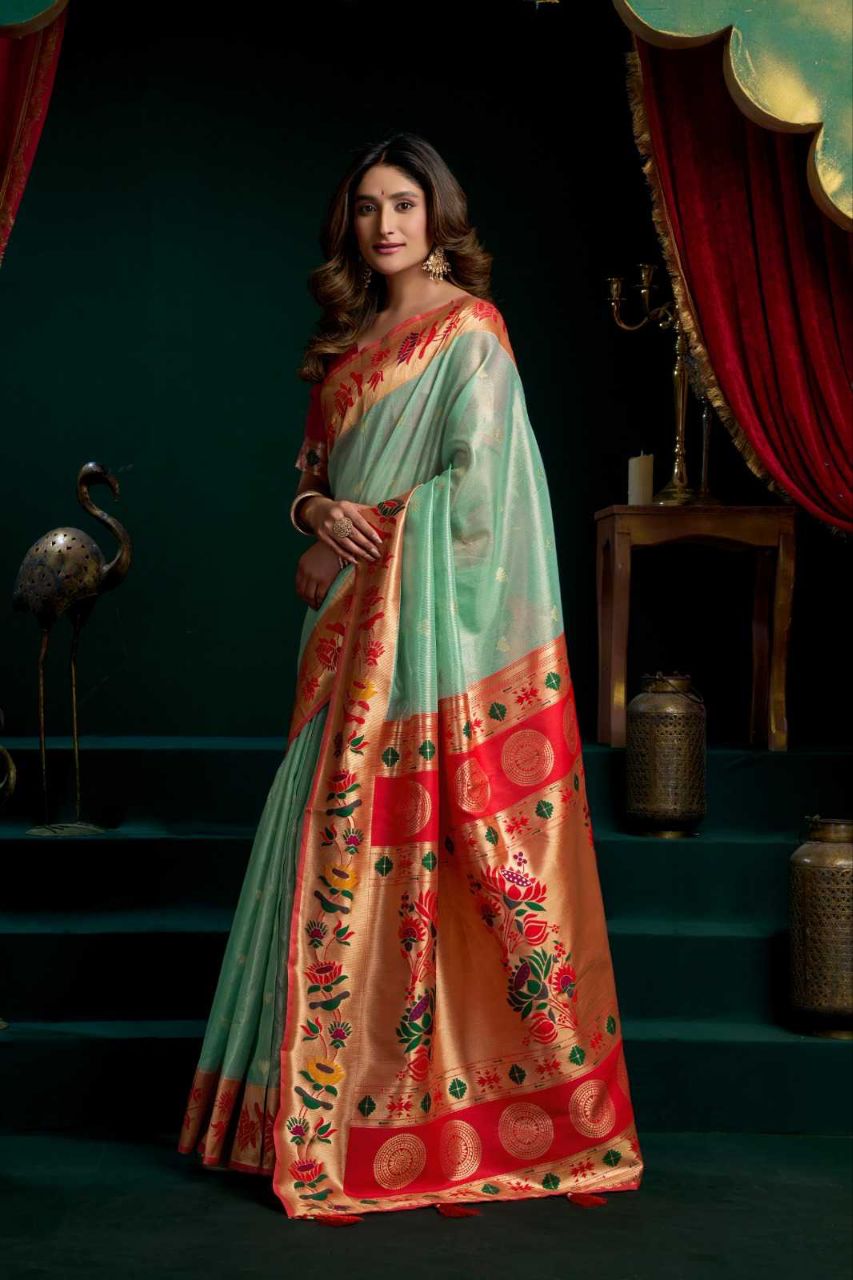 Heavy Tissue Paithani Saree with Lotus Zari Border & Stylish Pompom Detailing