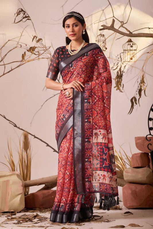 Premium Linen Cotton Saree with Digital Floral & Ethnic Print and Patola Style Contrast Border