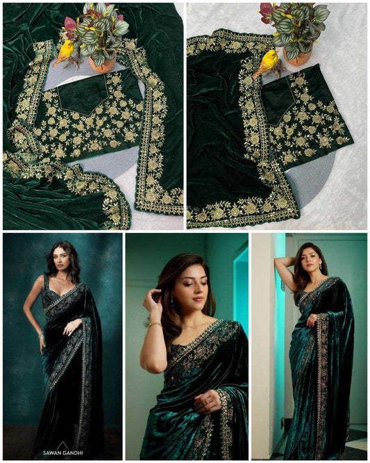 Designer Viscose Velvet Saree with Sequins and Jari Dori Embroidery