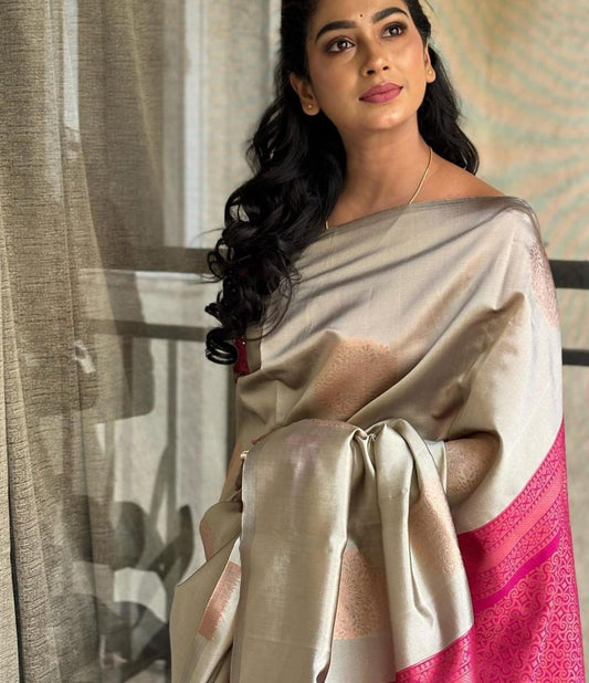 Designer banarsi handloom in kanjiavaram kubera silk concept with contrast pallu border and designer brocade blouse
