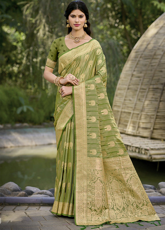 Sangam Prints Jungle Green Silk Woven Work Festival Saree