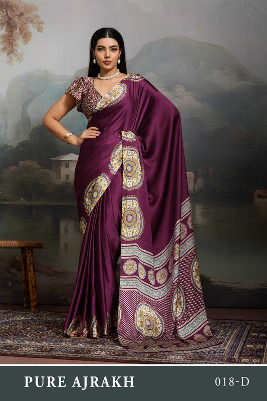 Modal Satin Ajrakh Print Saree with Matching Blouse
