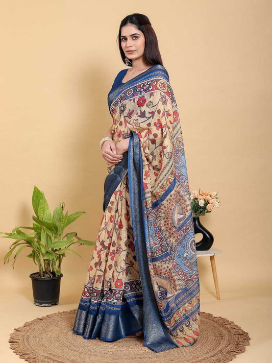 Jacquard Patta Linen Cotton Saree with Floral Print & Peacock Motif Pallu