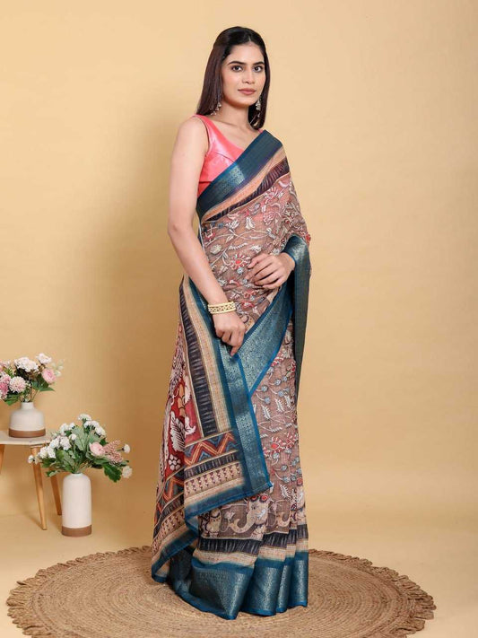Jacquard Patta Linen Cotton Saree with Traditional Artistic Print & Teal Blue Border