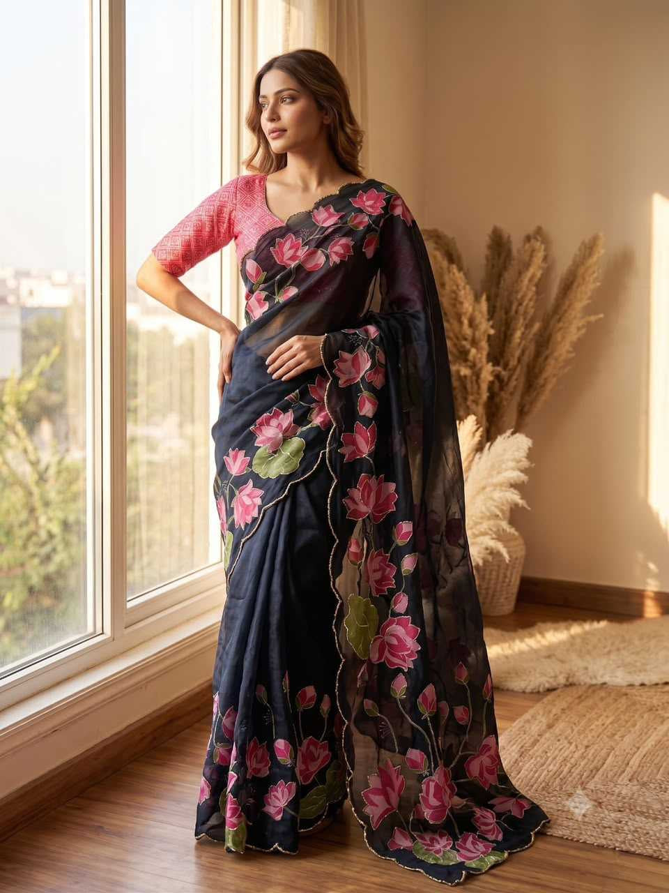 Premium Tabby Silk Saree with Floral Print, Beads & Katdana Handwork