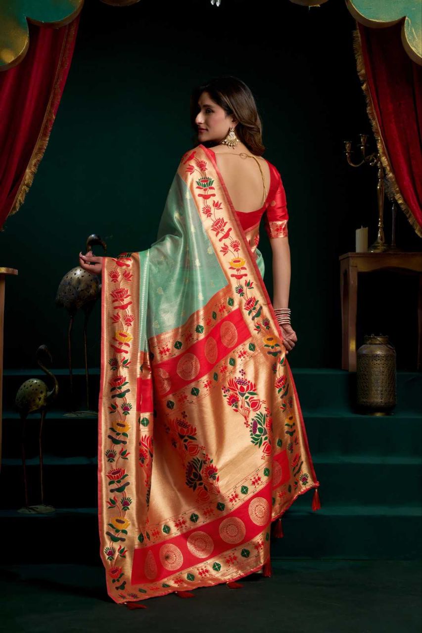 Heavy Tissue Paithani Saree with Lotus Zari Border & Stylish Pompom Detailing