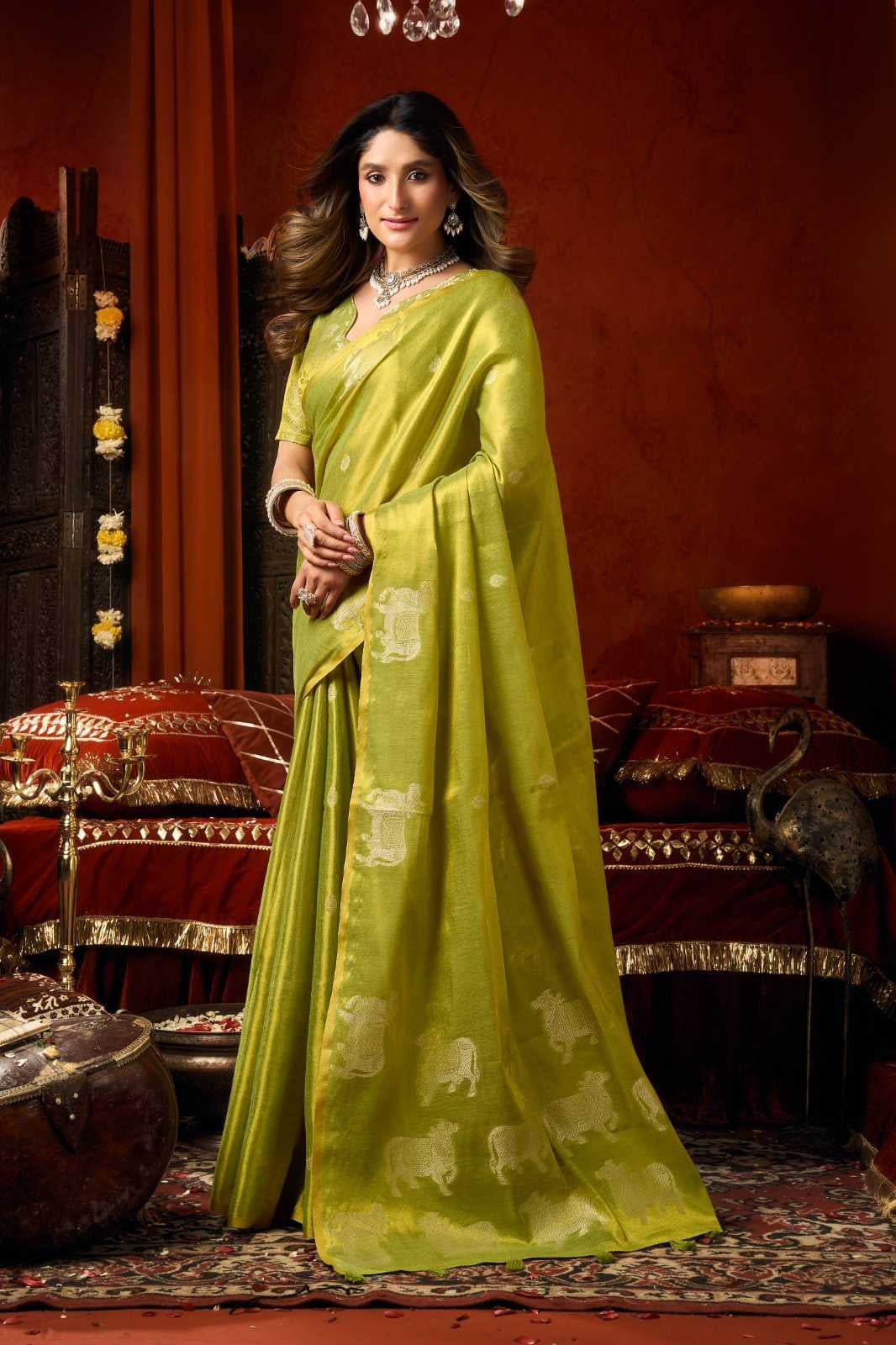 Heavy Tissue Saree with All-Over Cow Butta, Jacquard Weaving & Fancy Tassels