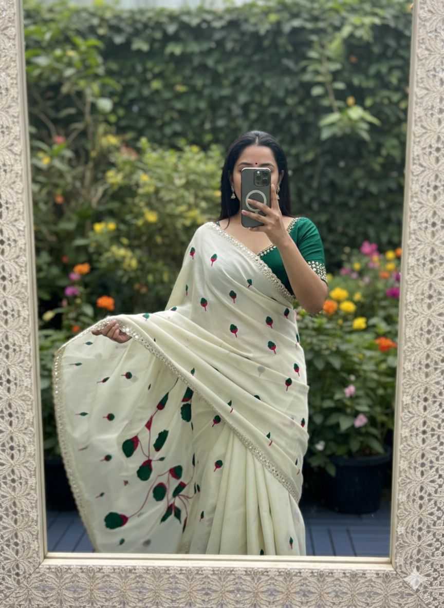 Rangoli Silk Saree with All-Over Embroidery, Mirror Work & Cutwork Border