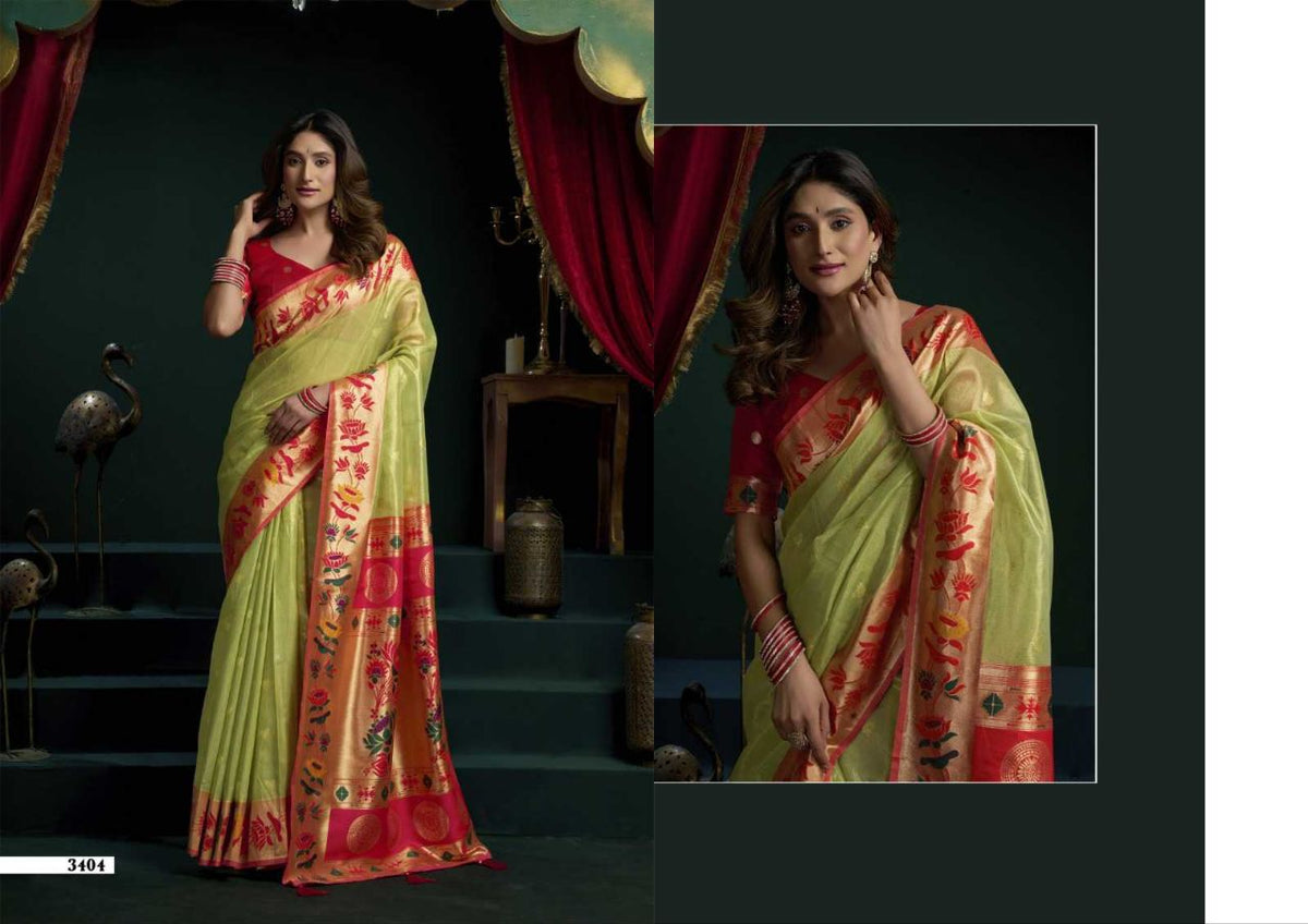 Heavy Tissue Paithani Saree with Lotus Zari Border & Stylish Pompom Detailing