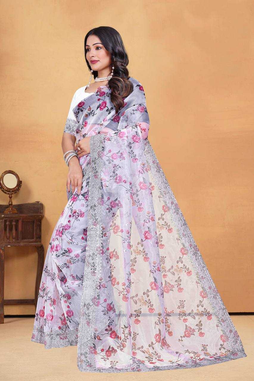 Tissue Organza Saree with Digital Floral Print & Embroidery Work