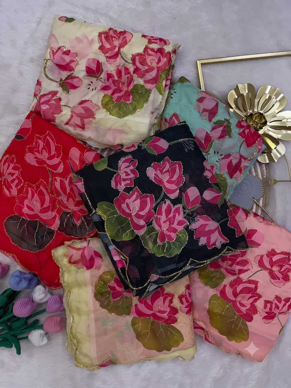 Premium Tabby Silk Saree with Floral Print, Beads & Katdana Handwork
