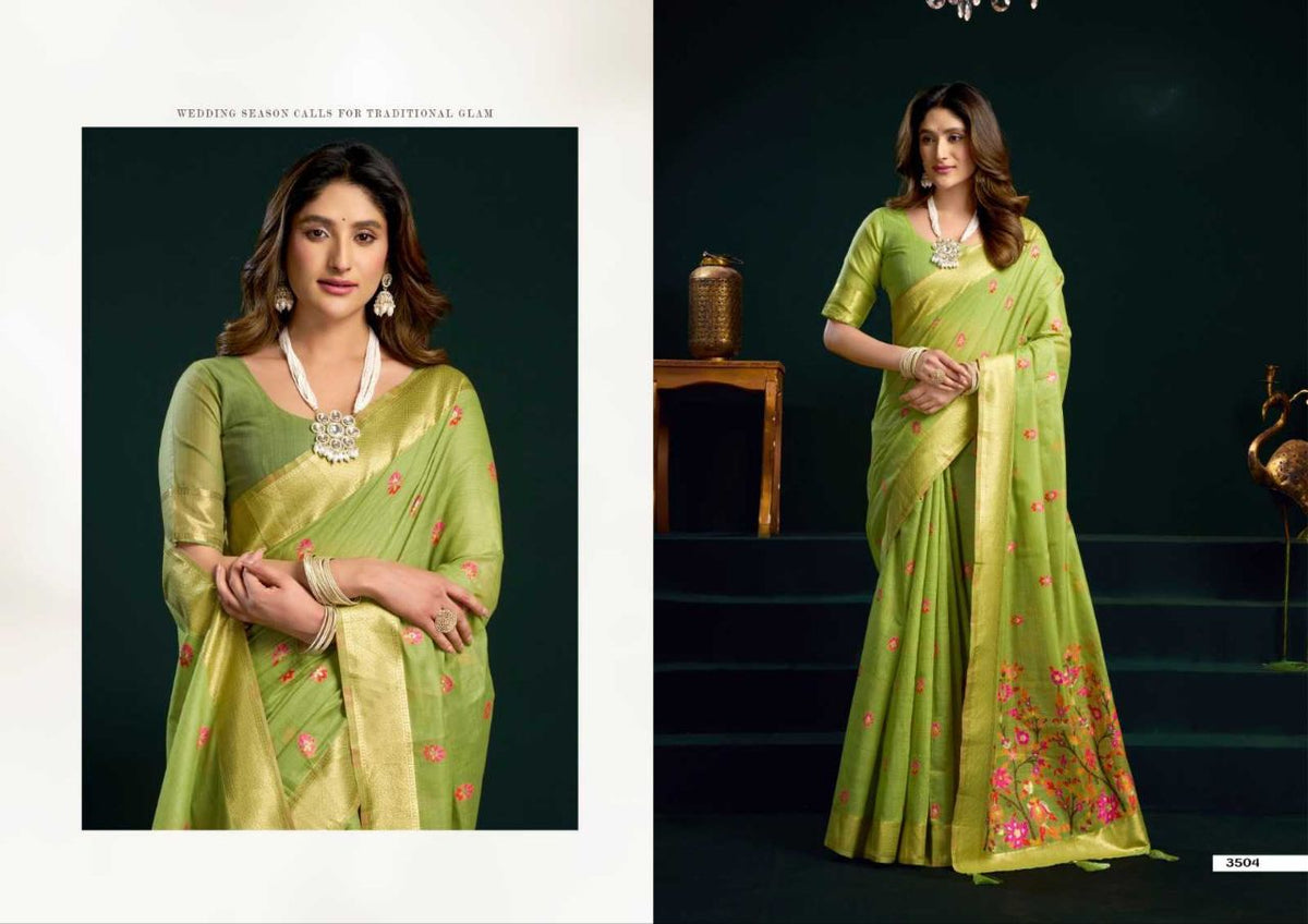 Heavy Munga Cotton Saree with Mina Work, Jari Border & Fancy Pompom Finish