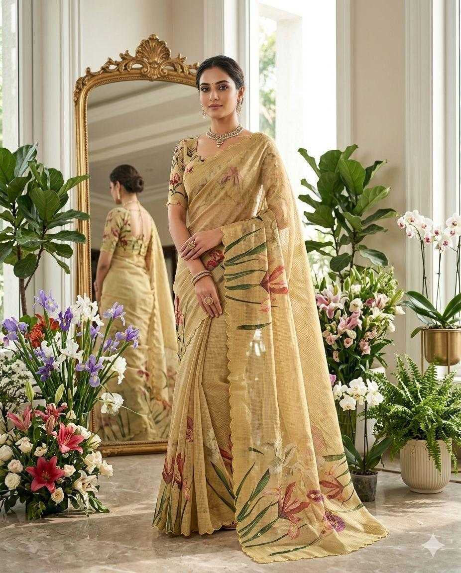 Soft Kota Checks Saree with Floral Digital Print, Foil Mirror Embroidery & Scalloped Cutwork Border