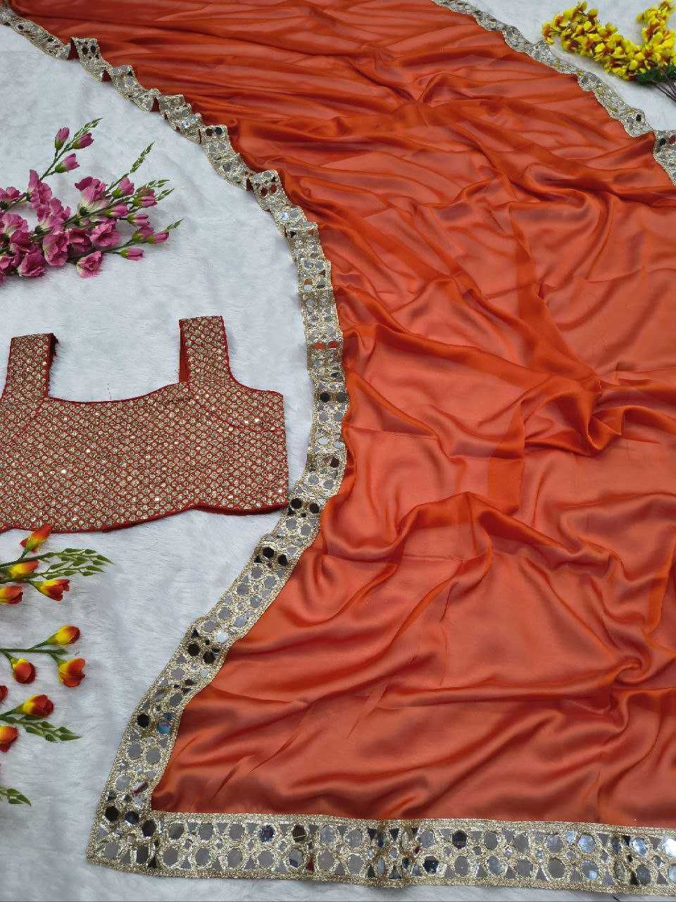 Premium Rangoli Silk Saree with Heavy Real Mirror Work Lace Border and Embroidered Blouse