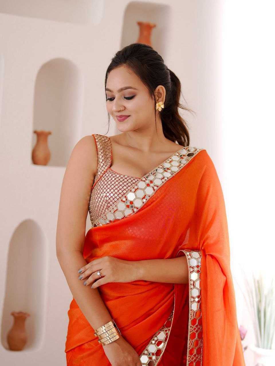 Premium Rangoli Silk Saree with Heavy Real Mirror Work Lace Border and Embroidered Blouse