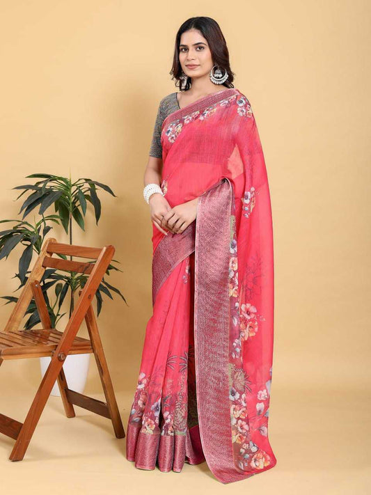 Jacquard Patta Linen Cotton Saree with Large Floral Digital Print & Contrast Sea Green Zari Border