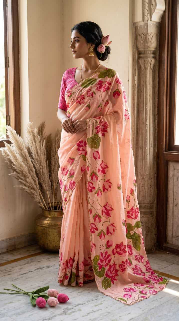 Premium Tabby Silk Saree with Floral Print, Beads & Katdana Handwork