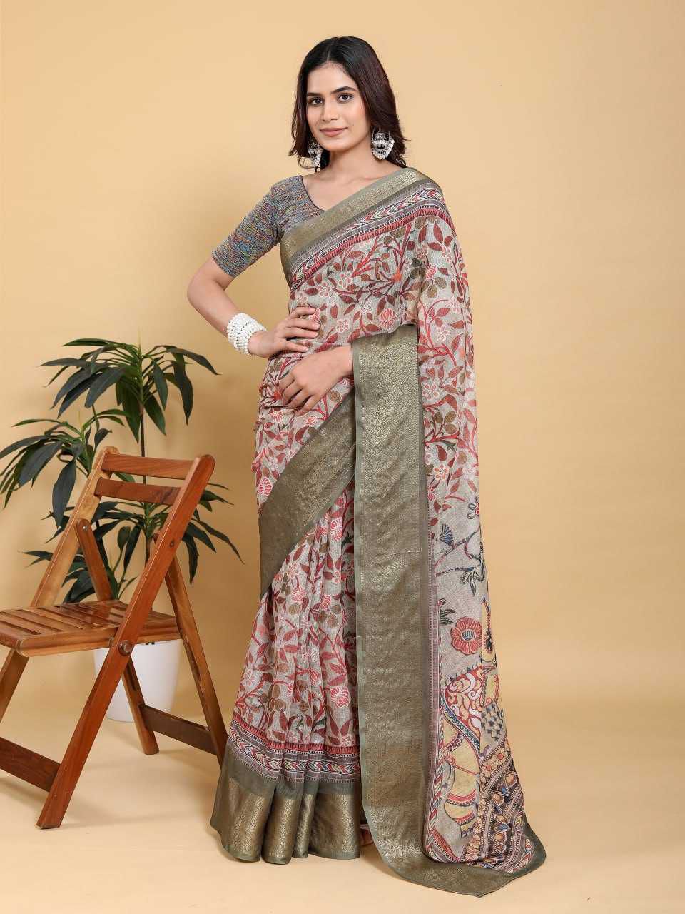 Jacquard Patta Linen Cotton Saree with Traditional Motifs & Elephant Design Pallu