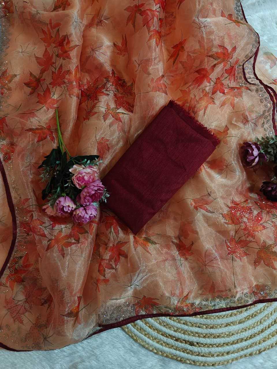 Soft Bright Organza Saree with Floral Print & Swarovski Work