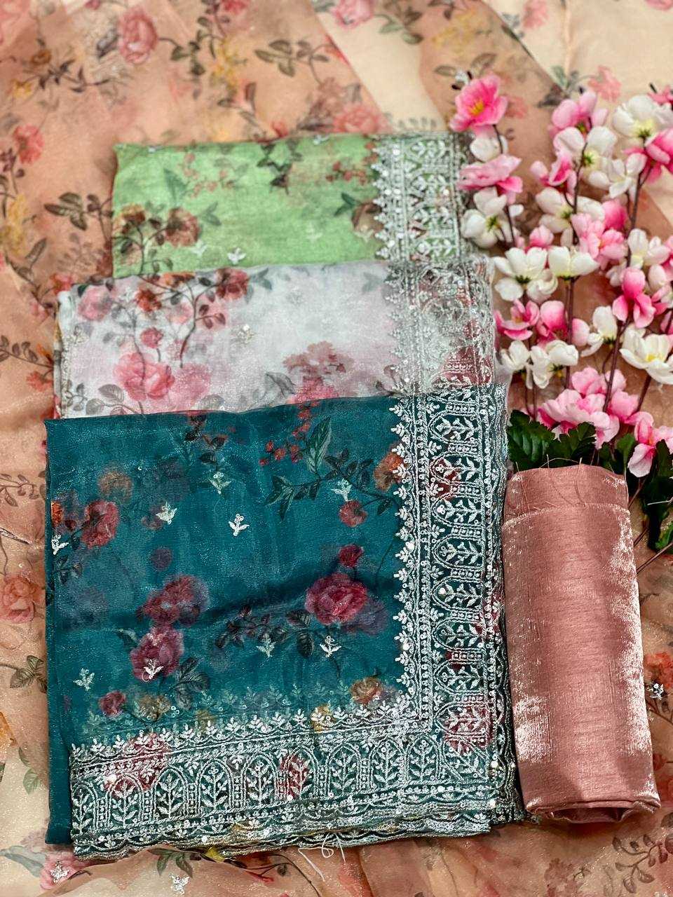 Tissue Organza Saree with Digital Floral Print & Embroidery Work