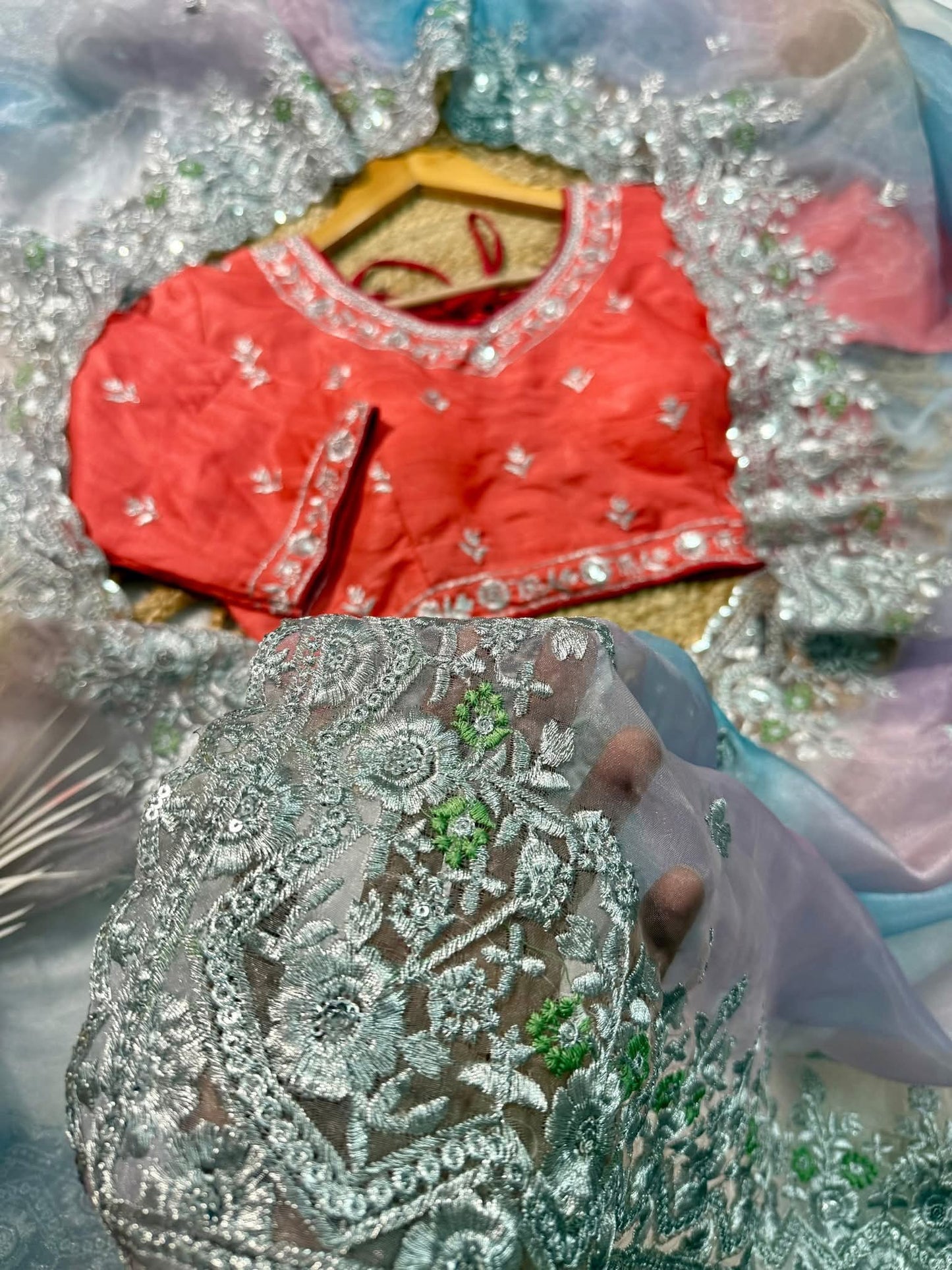 Soft Satin Organza Leheriya Saree with Silver Zari & Sequin Work