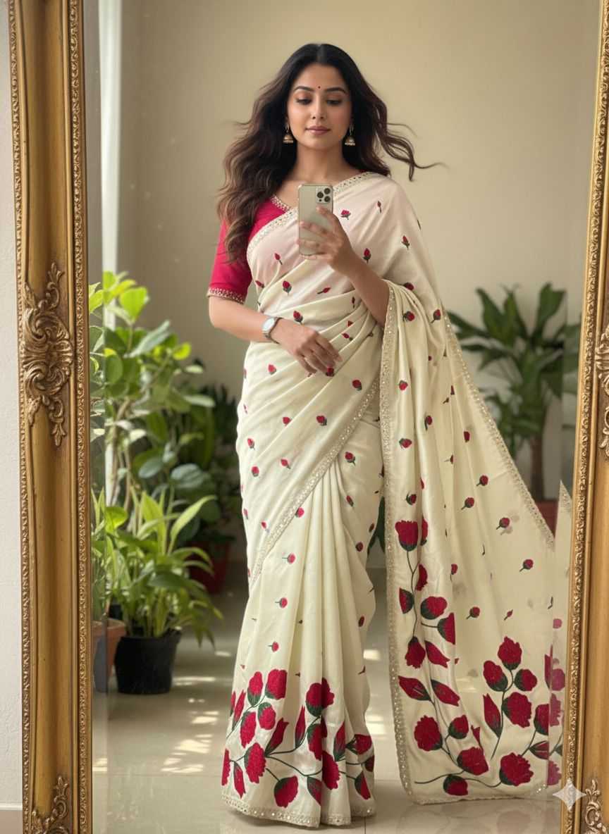 Rangoli Silk Saree with All-Over Embroidery, Mirror Work & Cutwork Border