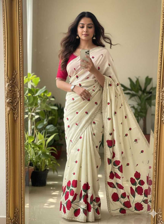 Rangoli Silk Saree with All-Over Embroidery, Mirror Work & Cutwork Border