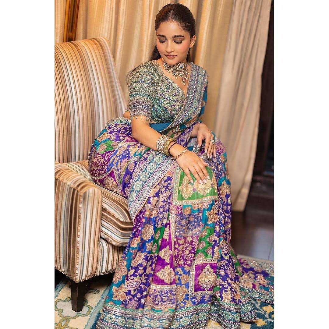 Digital Print Chinon Silk Saree with Real Mirror Work and Matching Blouse
