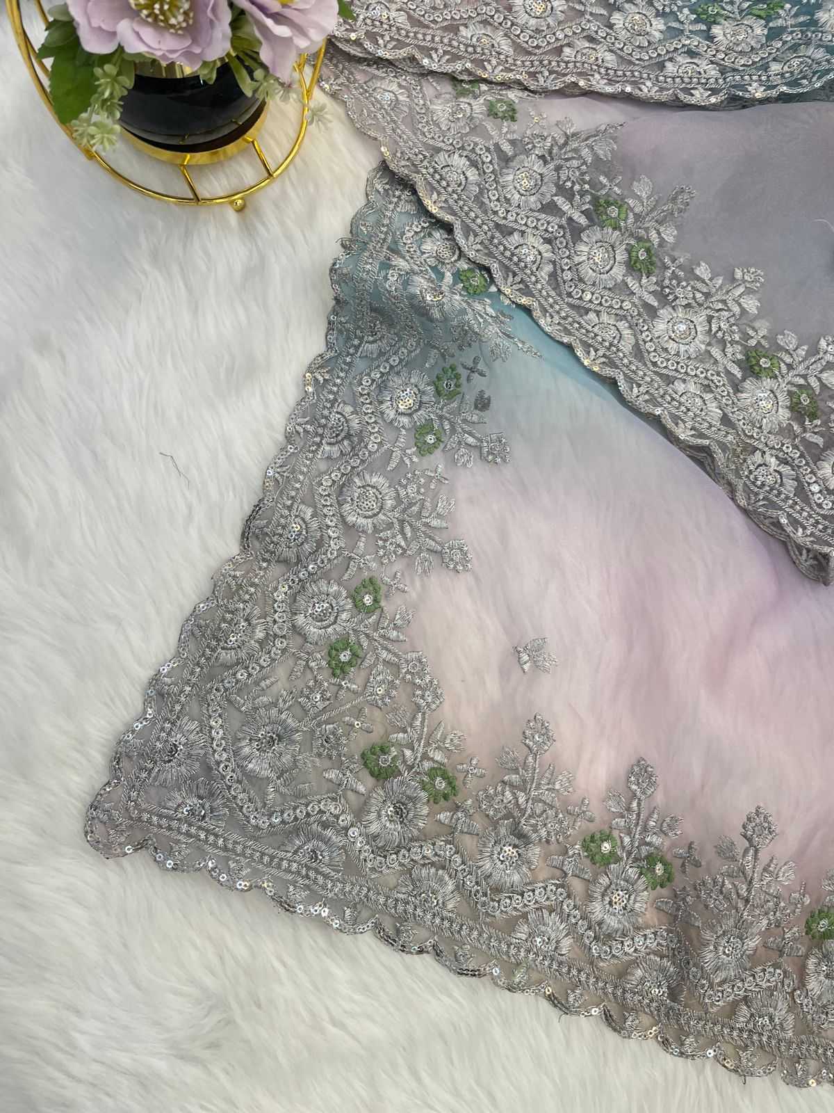 Soft Satin Organza Leheriya Saree with Silver Zari & Sequin Work