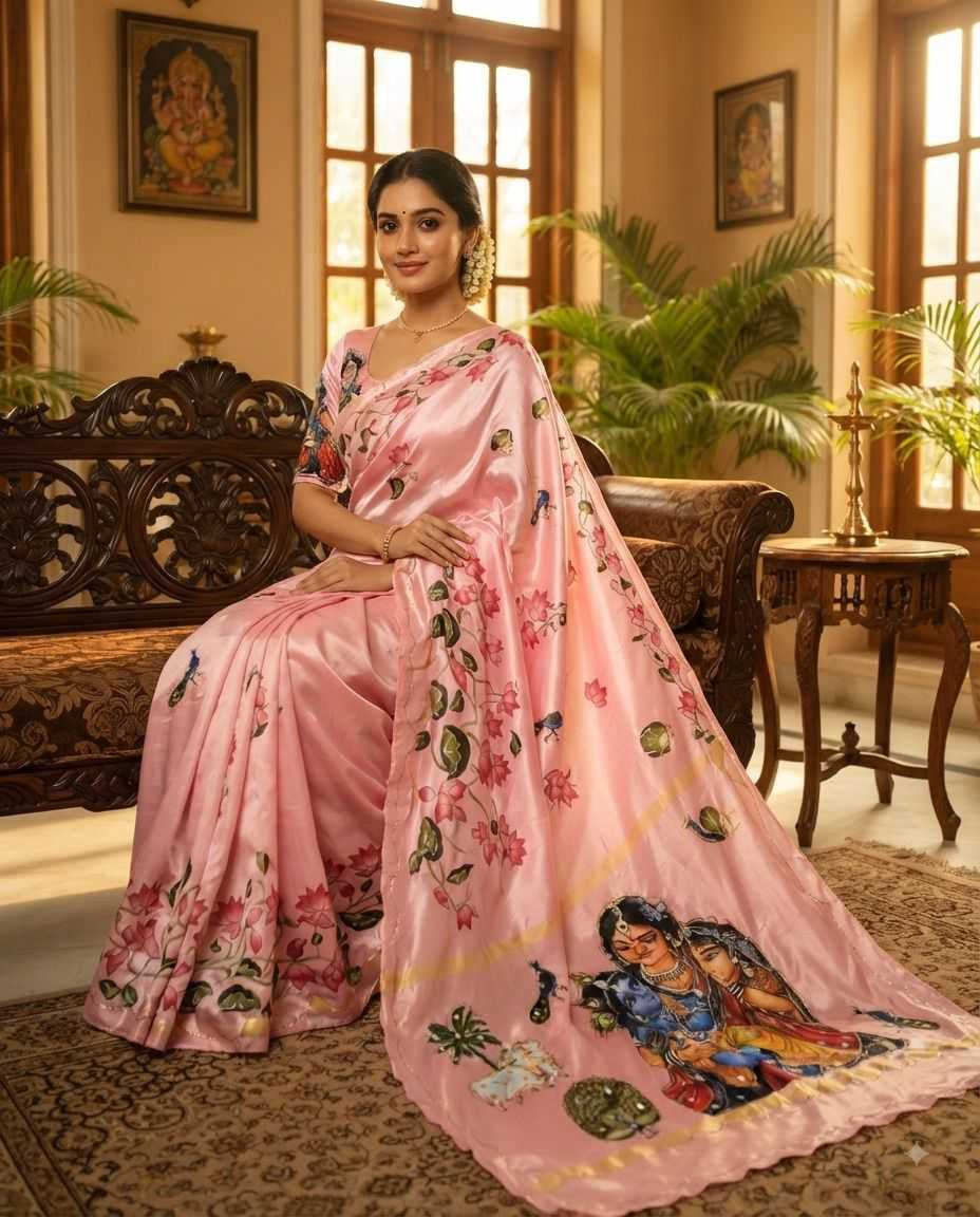 Soft Silk Saree with Shrinathjee Matching Print & Heavy Mirror Work Blouse