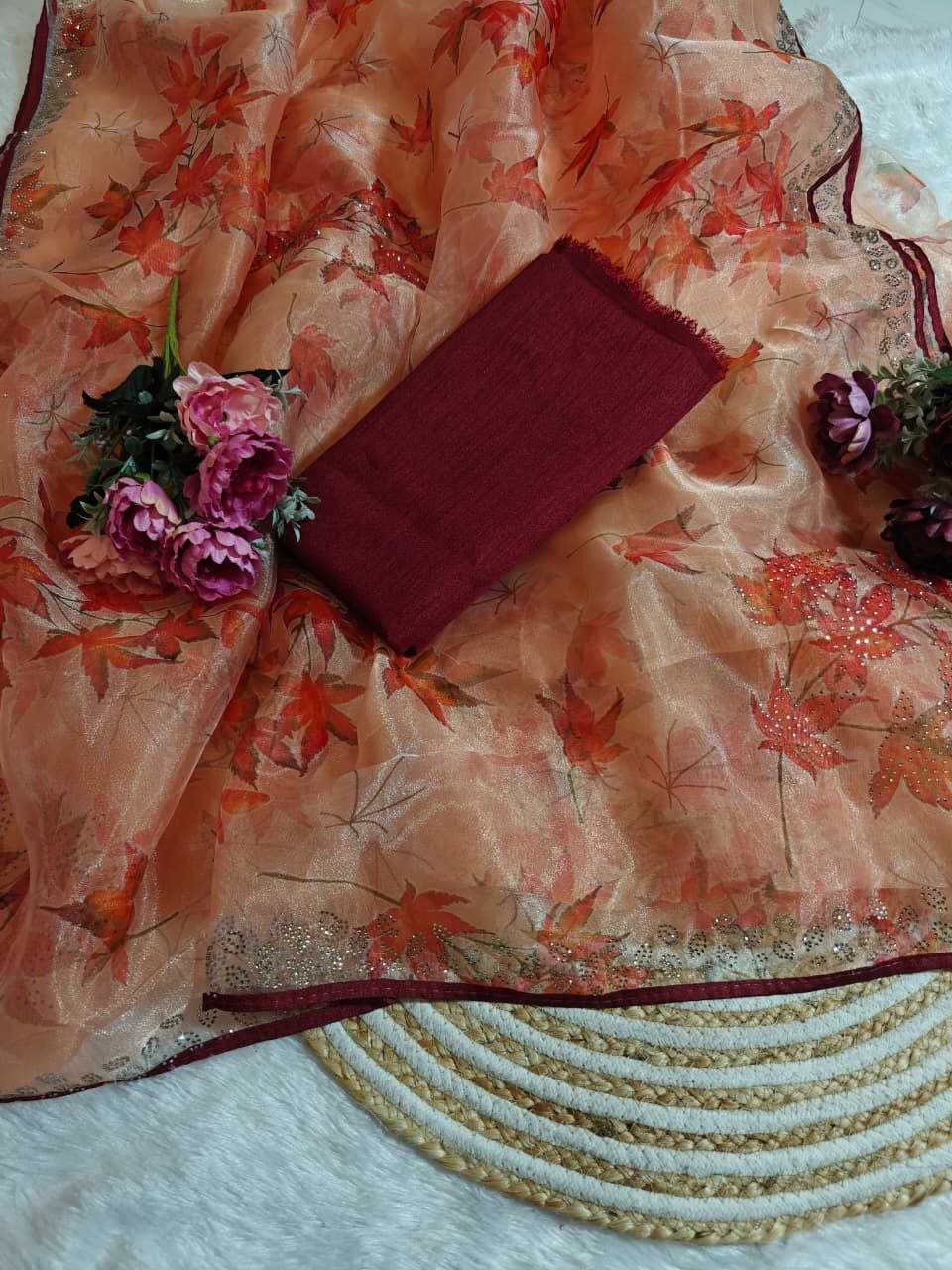 Soft Bright Organza Saree with Floral Print & Swarovski Work