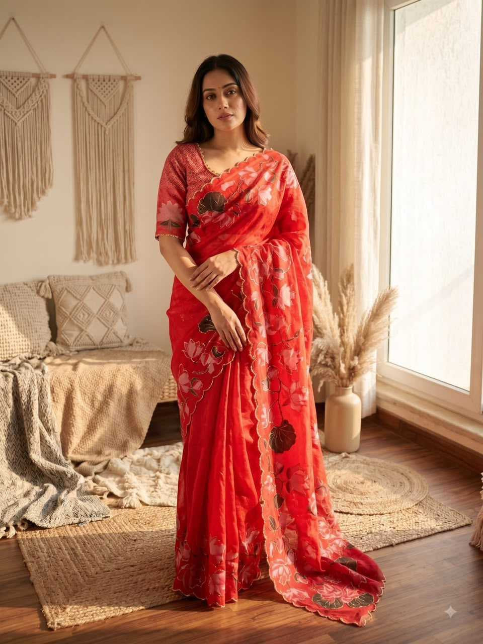 Premium Tabby Silk Saree with Floral Print, Beads & Katdana Handwork