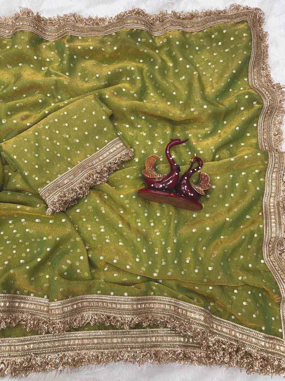 Premium Moss Silk Saree with Jacquard Butti Work & Fancy Lace Border