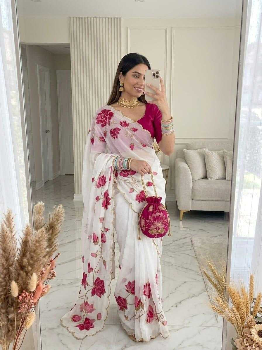 Georgette Digital Print Saree with Handwork Khatli & Cutdana Border