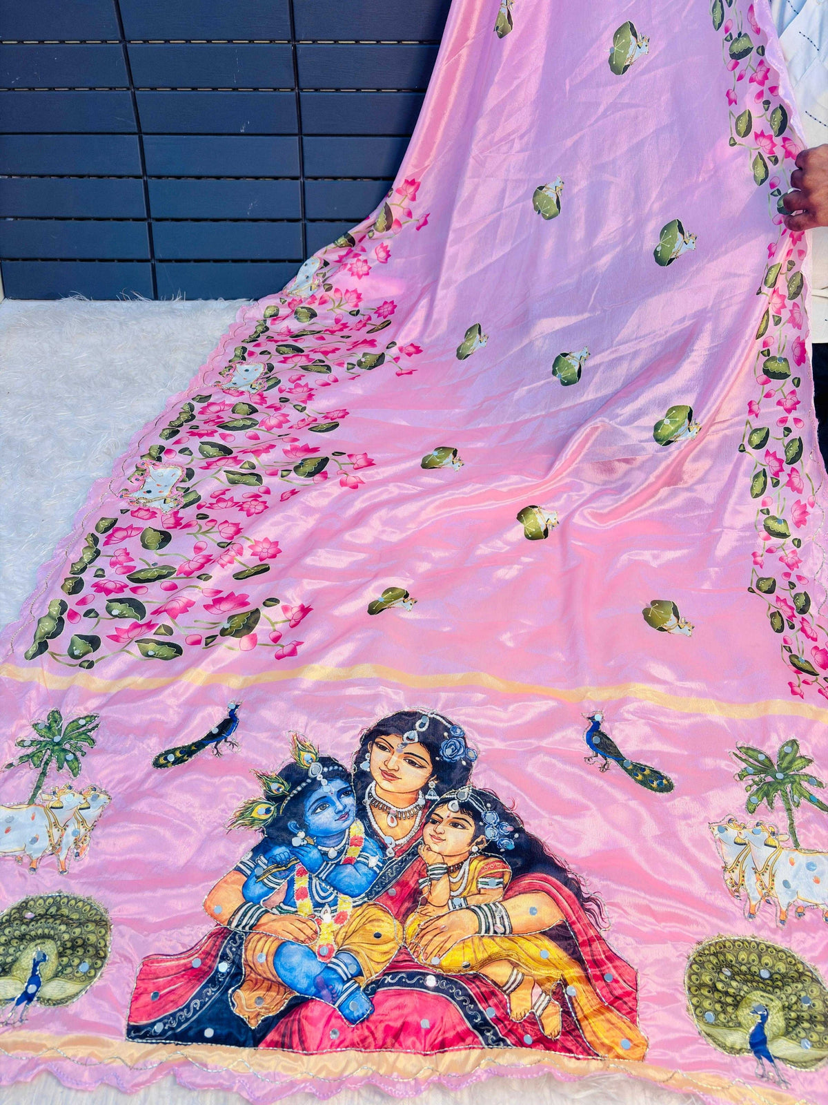 Soft Silk Saree with Shrinathjee Matching Print & Heavy Mirror Work Blouse